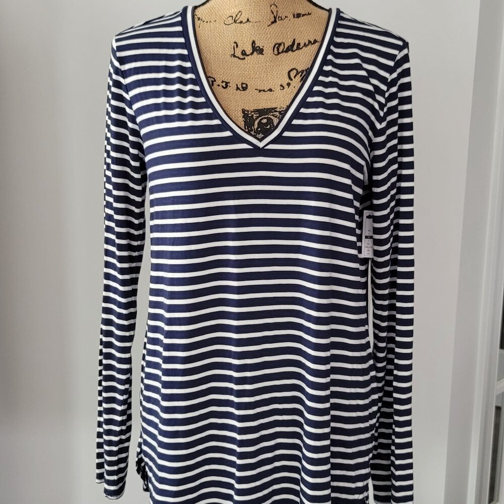 Halogen Top Women's Medium Navy& White Stripe V-Neck Modal Knit Tunic " NEW"